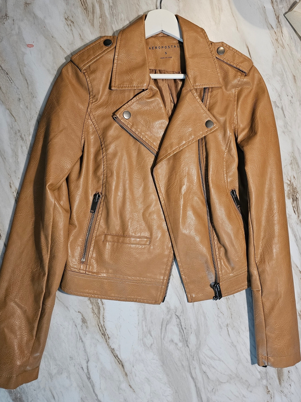 Aeropostale Women's Camel/Tan Faux Leather Moto Jacket
